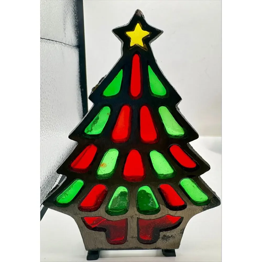 VTG Enesco Faux Stained Glass Christmas Tree and Nativity Scene Candle Holder